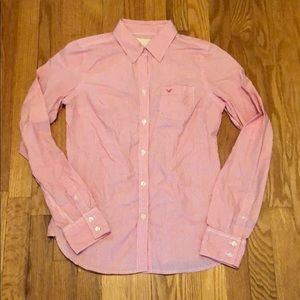 American Eagle fitted red striped button up shirt